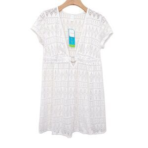 Tropical Escape Cover Up Womens Medium White Ring Front V-Neck Beach Outdoor